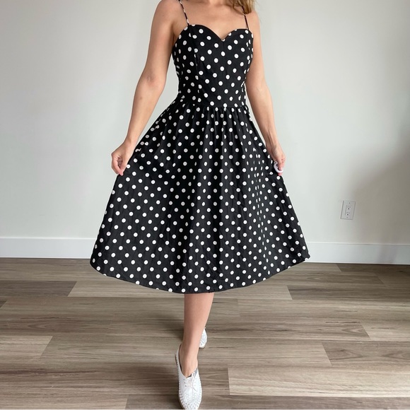 Vintage Sears Black & White Polka Dot Bow Midi Dress (S) - Picture 6 of 9